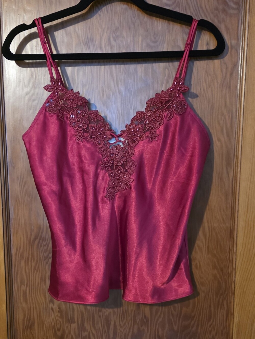 Expressions Red Satin Lace Trim Camisole Top